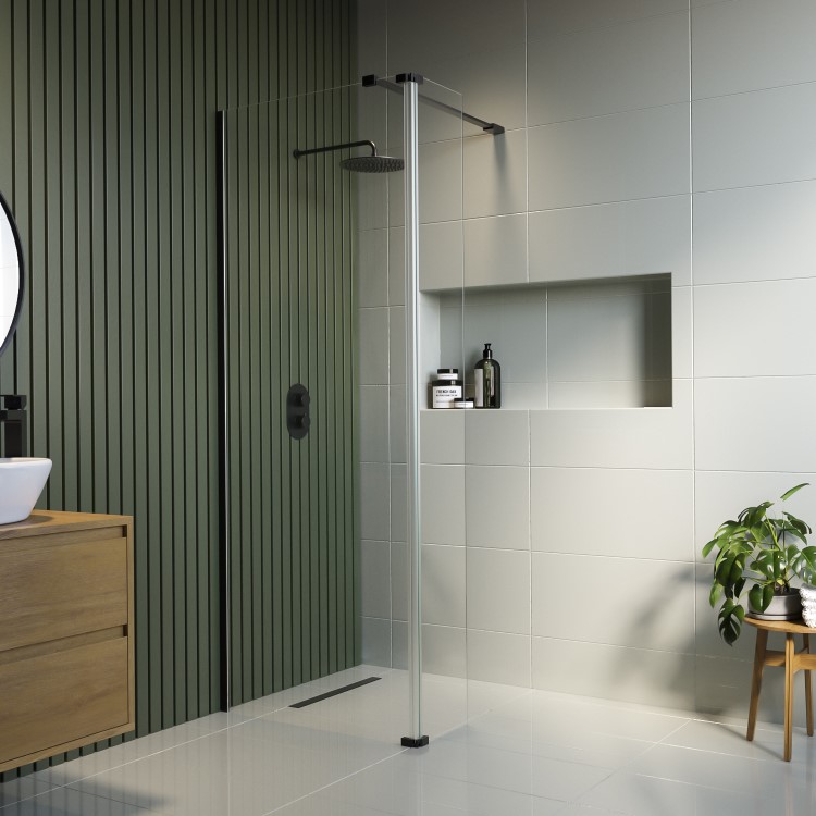 1000mm Black Shower Screen for Wetroom & Walk In Shower with 300mm Hinged Flipper Panel - Corvus