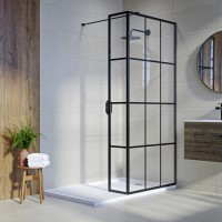 800mm Wet Room Shower Screen Black Grid Framework with 300mm Fixed Panel and Wall Support Bar - Nova