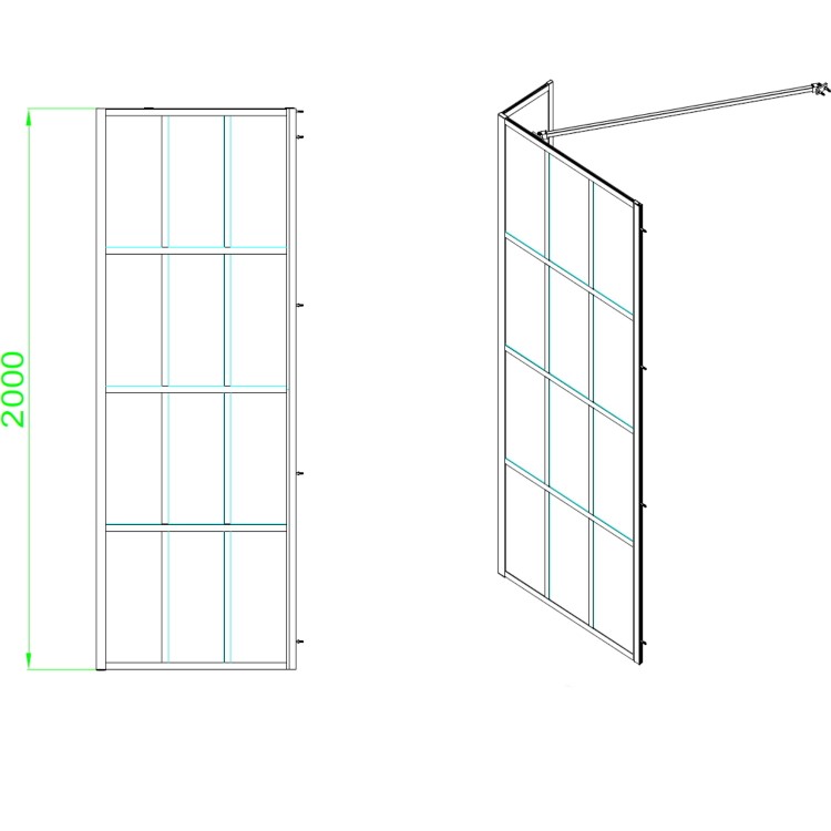 800mm Wet Room Shower Screen Black Grid Framework with 300mm Fixed Panel and Wall Support Bar - Nova