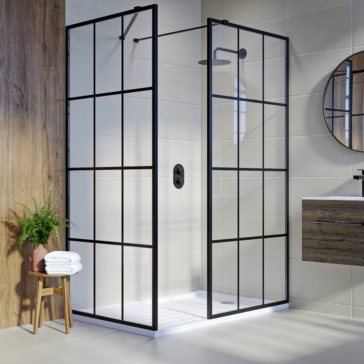 1400x900mm Black Grid Framework Wet Room Shower Screen Enclosure and Shower Tray with Drying Area - Nova