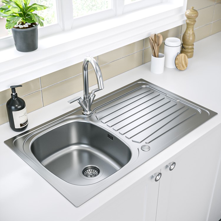 Single Bowl Inset Chrome Stainless Steel Kitchen Sink with Reversible Drainer - Essence Ava