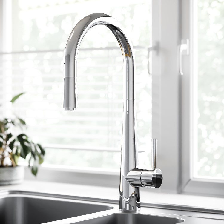 GRADE A1 - Chrome Single Lever Pull Out Monobloc Kitchen Sink Mixer Tap - Enza Olney