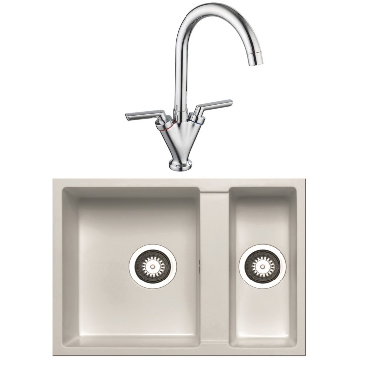 1.5 Bowl White Granite Undermount Kitchen Sink & Chrome Kitchen Mixer Tap - Enza Madison