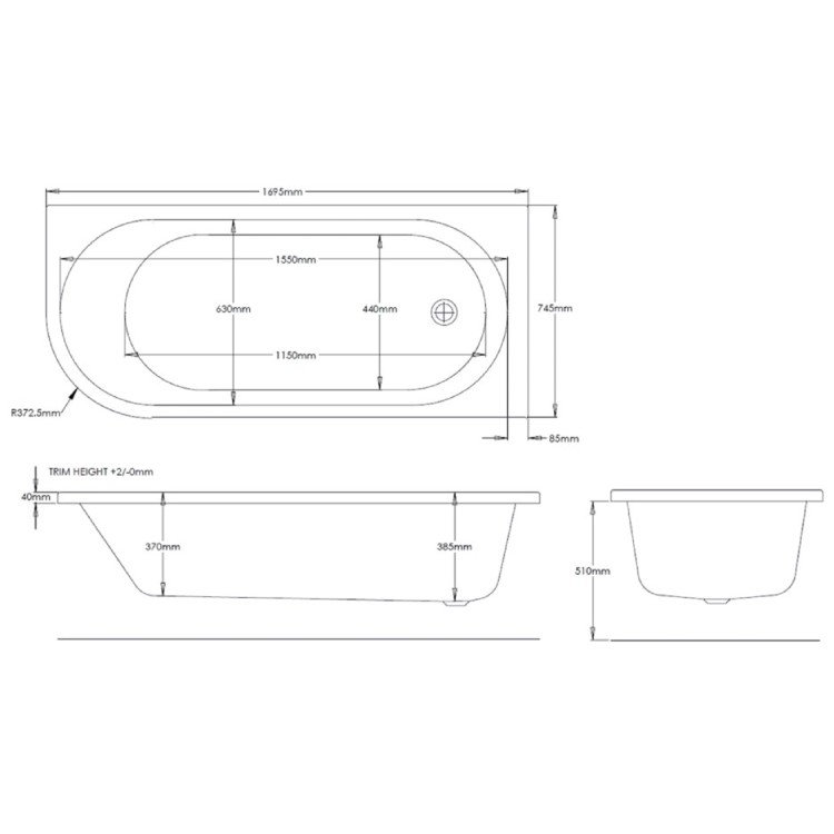 J Shape Shower Bath Right Hand with Front Panel & Black Bath Screen with Towel Rail 1700 x 750mm - Jersey