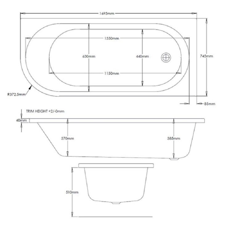 Jersey J Shaped Left Hand Bath with Bath Panel - 1700mm x 750mm 