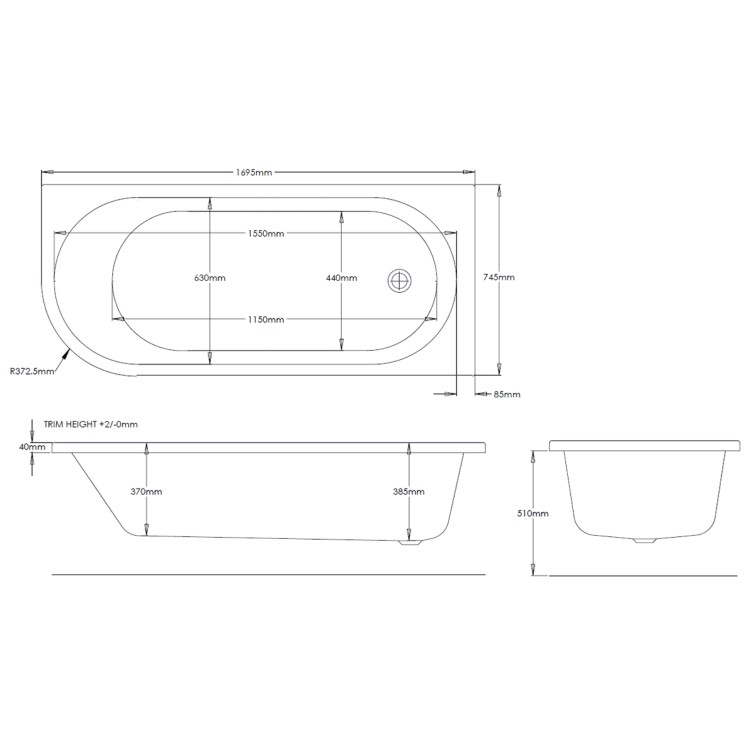 J Shape Shower Bath Left Hand with Front Panel & Black Bath Screen with Towel Rail 1700 x 750mm - Jersey