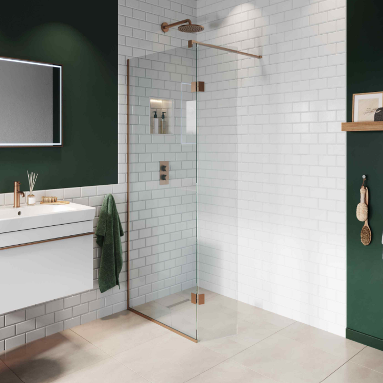 700mm Wet Room Shower Screen Bronze Frameless with 350mm Hinged Flipper Panel and Wall Support Bar - Live Your Colour