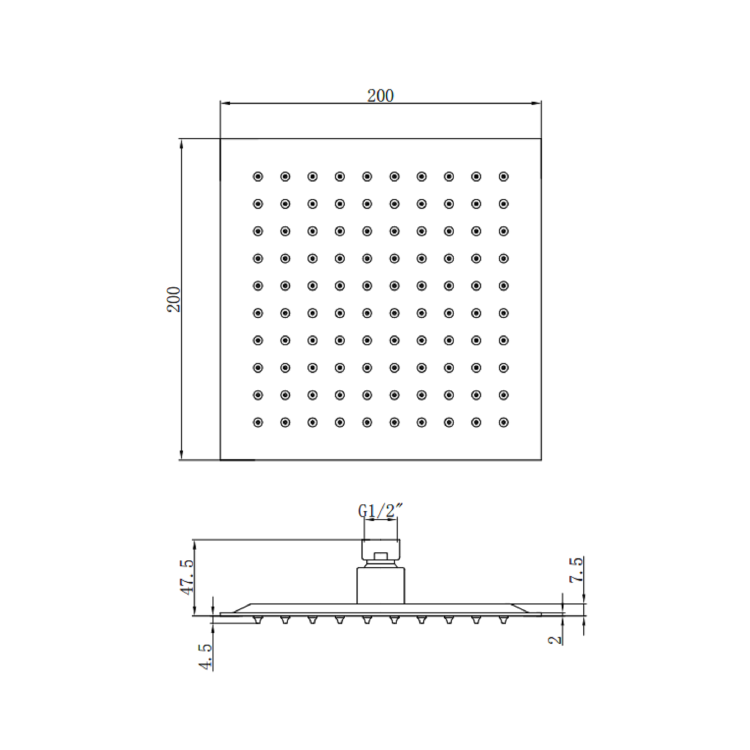 200mm Chrome Ultra Slim Square Rainfall Shower Head with Ceiling Arm