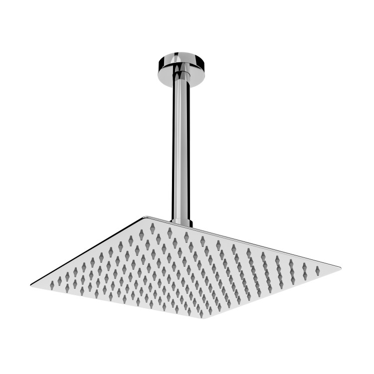 250mm Chrome Ultra Slim Square Rainfall Shower Head with Ceiling Arm