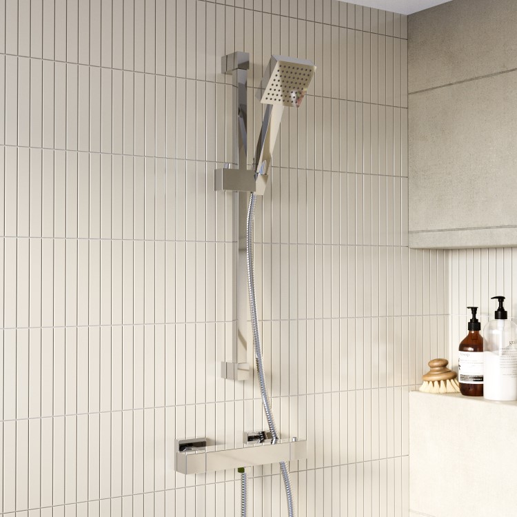 Chrome Thermostatic Square Bar Mixer Shower Set with Slide Rail Kit - Cube