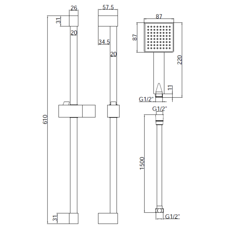 Chrome Thermostatic Square Bar Mixer Shower Set with Slide Rail Kit - Cube