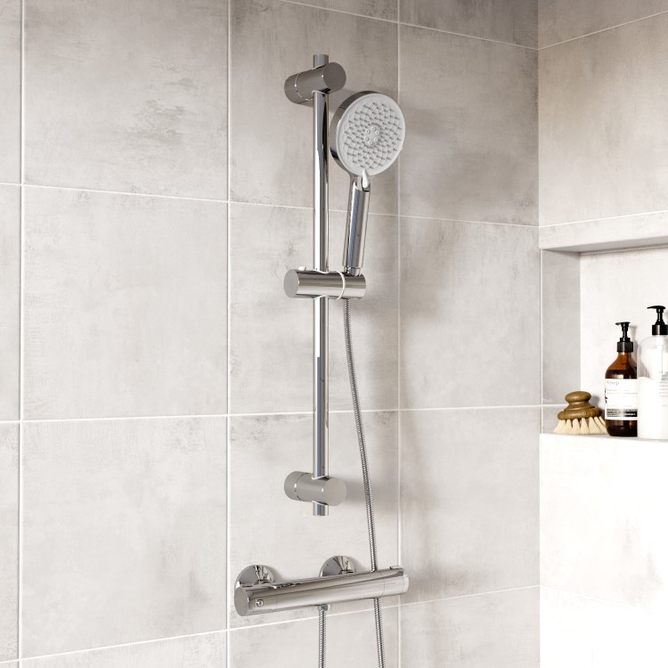 Chrome Thermostatic Round Bar Mixer Shower Set with Slide Rail Kit - Flow