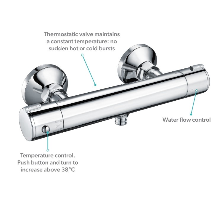 Chrome Thermostatic Round Bar Mixer Shower Set with Slide Rail Kit - Flow