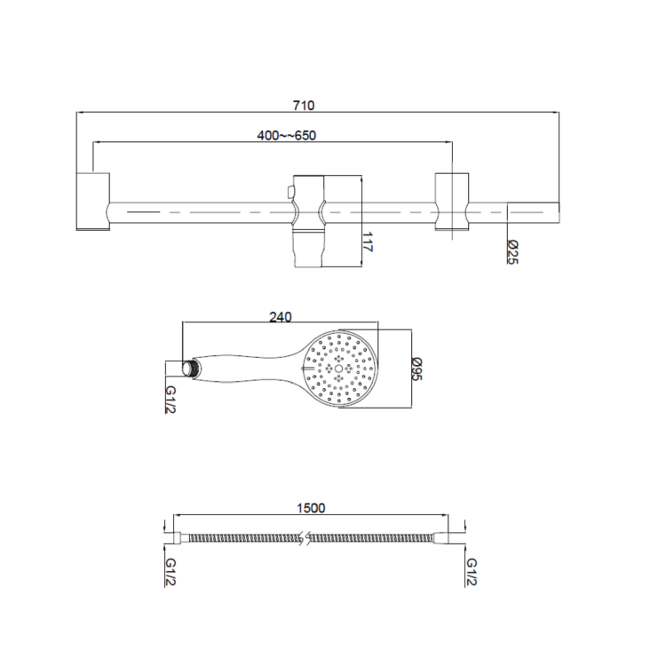 Chrome Thermostatic Round Bar Mixer Shower Set with Slide Rail Kit - Flow