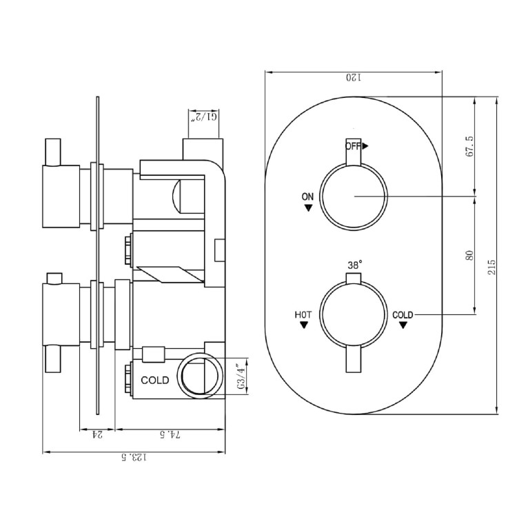 Concealed Thermostatic Mixer Shower Set with Slim Wall Mounted Shower Head With 250mm Slim Head - Flow