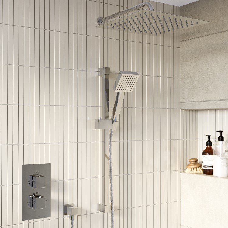 Chrome Dual Outlet Wall Mounted Thermostatic Mixer Shower Set with Hand Shower - Cube