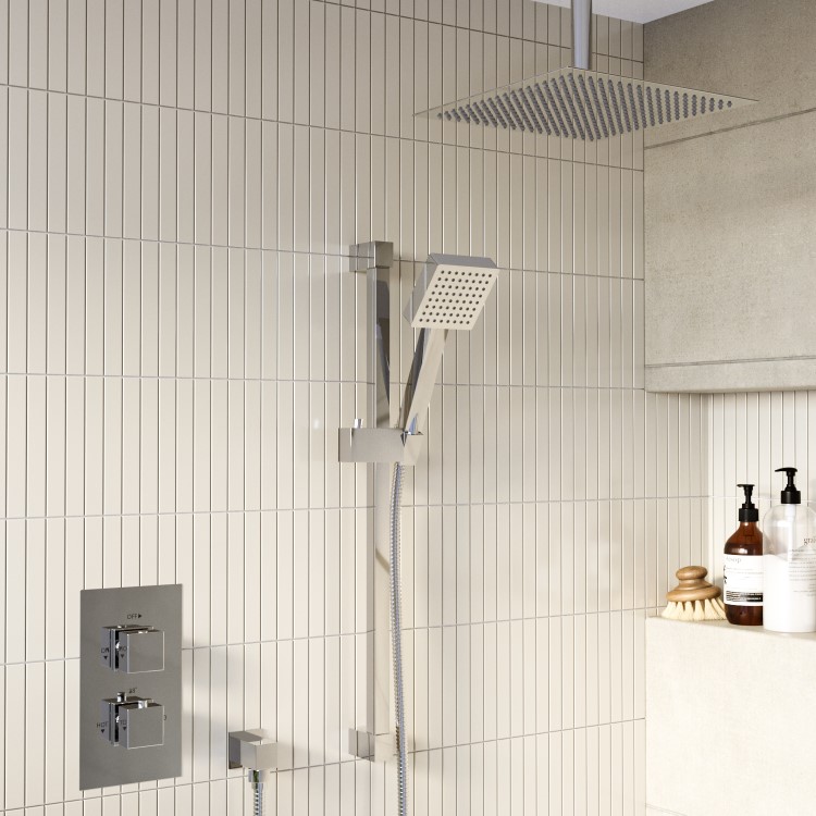 Chrome Dual Outlet Ceiling Mounted Thermostatic Mixer Shower Set with Hand Shower - Cube