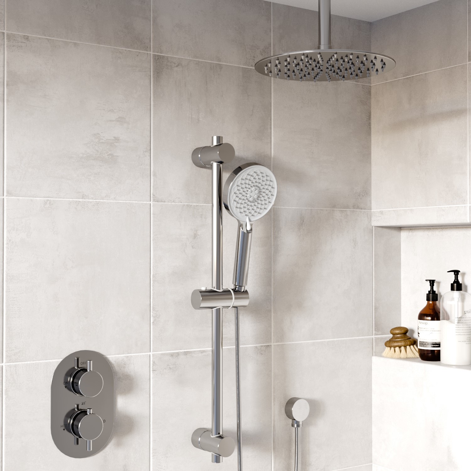 Photos - Shower System Flow Chrome Dual Outlet Ceiling Mounted Thermostatic Mixer Shower Set with Hand Shower  