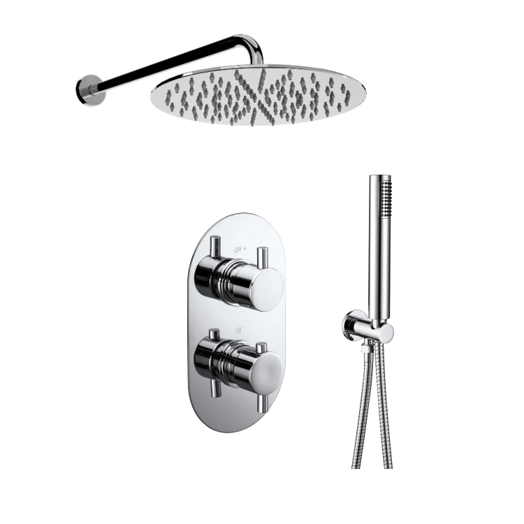 Chrome Dual Outlet Wall Mounted Thermostatic Mixer Shower Set With Hand Shower - Arissa