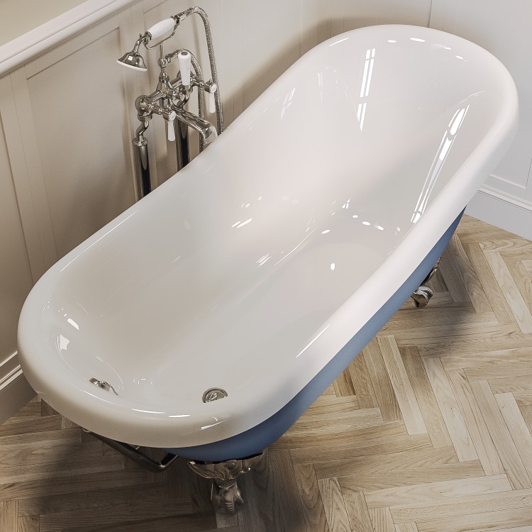 Blue Freestanding Single Ended Roll Top Slipper Bath with Chrome Feet 1615 x 690mm - Baxenden