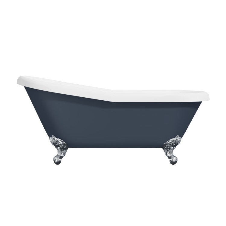 Blue Freestanding Single Ended Roll Top Slipper Bath with Chrome Feet 1615 x 690mm - Baxenden