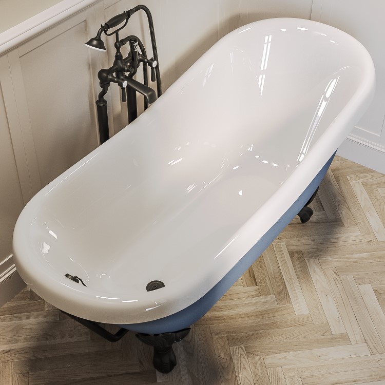 Blue Freestanding Single Ended Roll Top Slipper Bath with Black Feet 1615 x 690mm - Baxenden