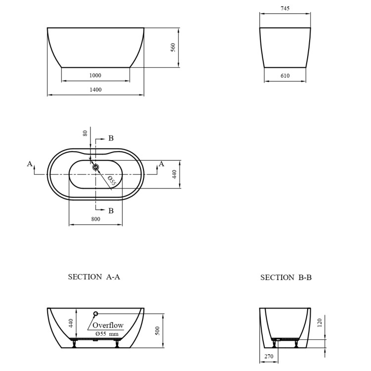 Freestanding Double Ended Bath 1400 x 745mm - Lisbon