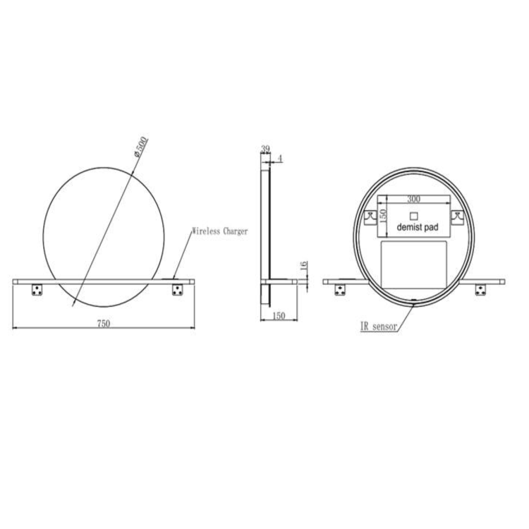 Round Backlit Heated Bathroom Mirror with Lights & White Shelf 500mm - Ersa