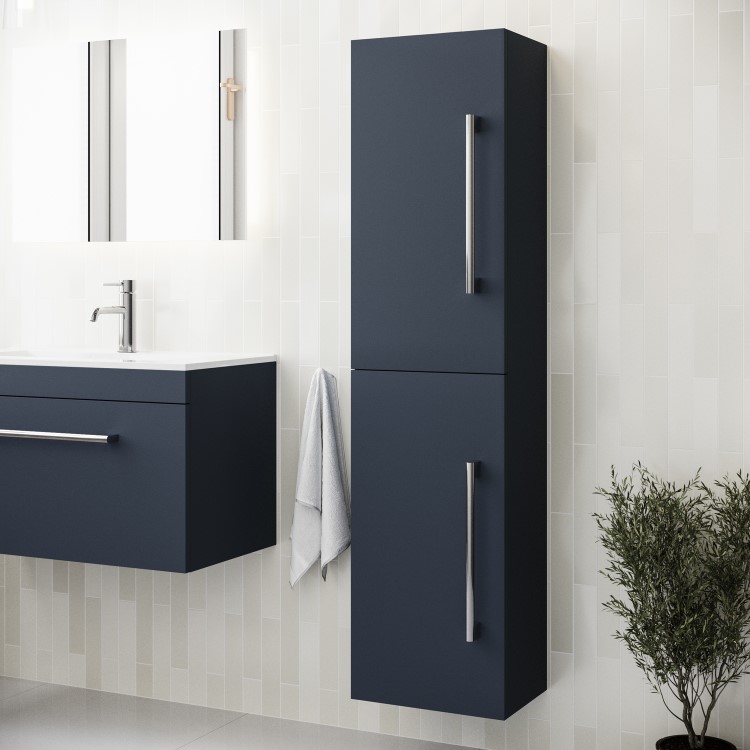 Double Door Blue Wall Mounted Tall Bathroom Cabinet with Chrome Handles 350 x 1400mm - Ashford