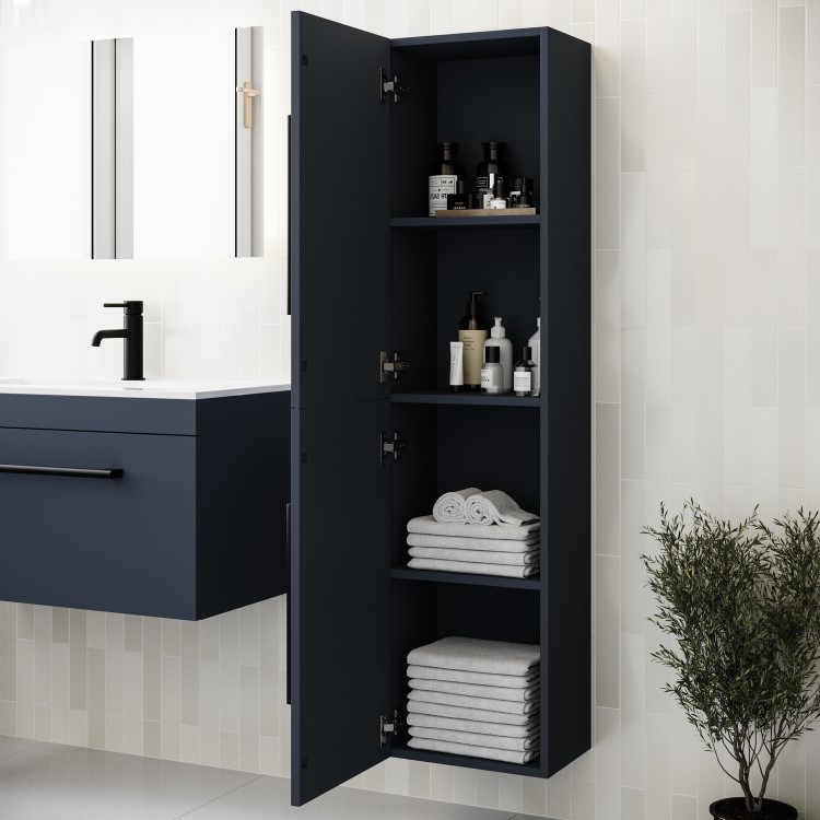 Double Door Blue Wall Mounted Tall Bathroom Cabinet with Black Handles 350 x 1400mm - Ashford