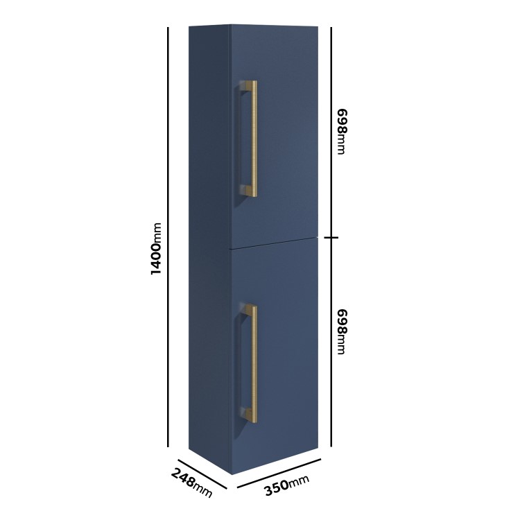 Double Door Blue Wall Mounted Tall Bathroom Cabinet with Brass Handles 350 x 1400mm - Ashford