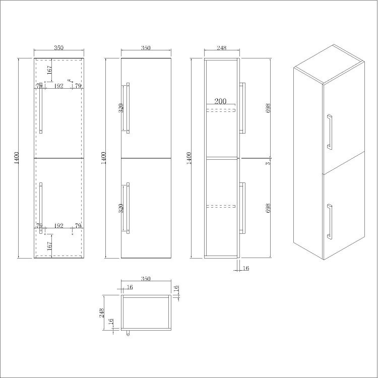 Double Door Blue Wall Mounted Tall Bathroom Cabinet with Chrome Handles 350 x 1400mm - Ashford