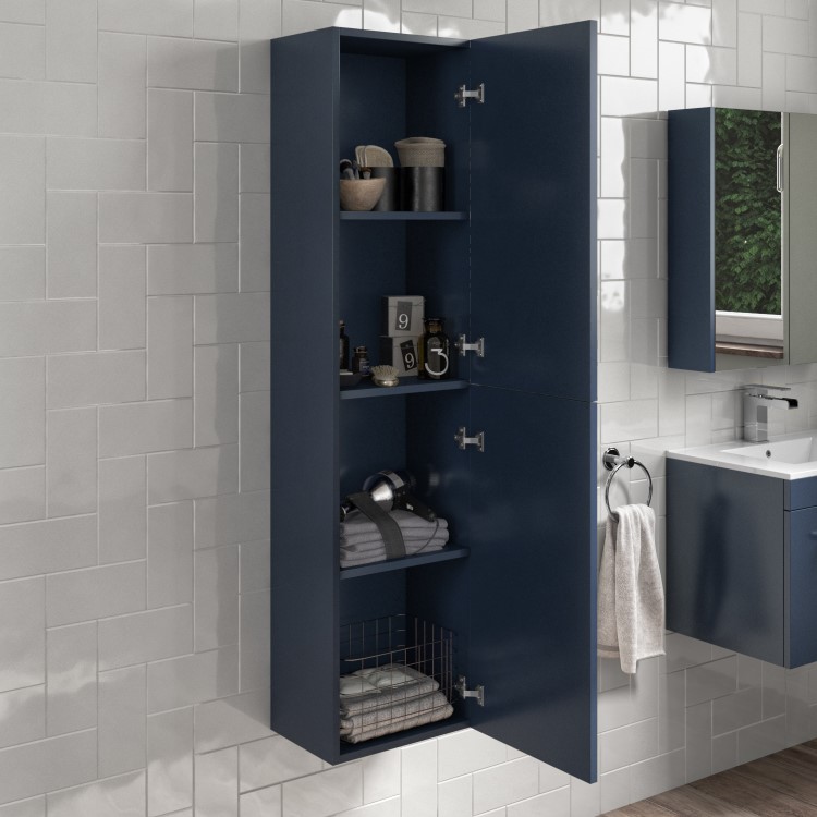 Double Door Blue Wall Mounted Tall Bathroom Cabinet with Chrome Handles 350 x 1400mm - Ashford