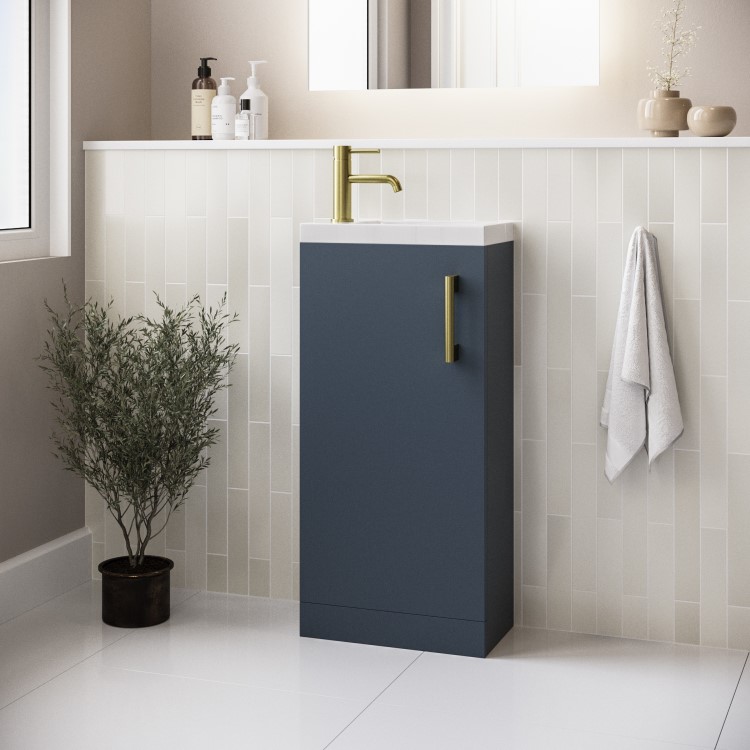 400mm Blue Cloakroom Freestanding Vanity Unit with Basin and Brass Handle - Ashford