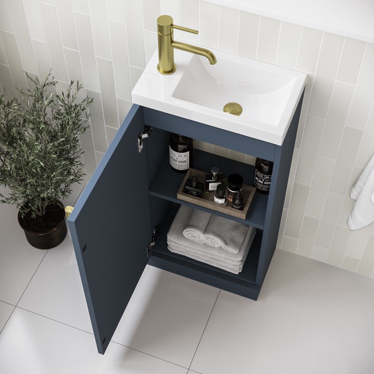 400mm Blue Cloakroom Freestanding Vanity Unit with Basin and Brass Handle - Ashford