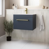 600mm Blue Wall Hung Vanity Unit with Basin and Brass Handle - Ashford