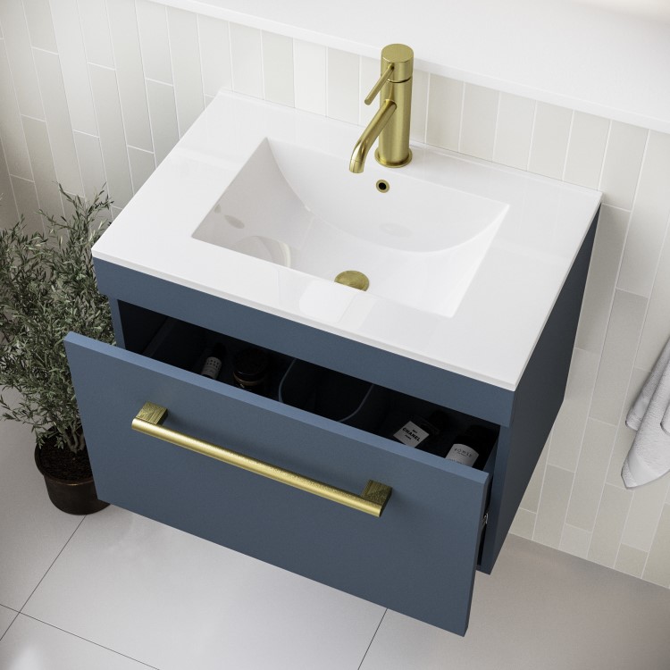 600mm Blue Wall Hung Vanity Unit with Basin and Brass Handle - Ashford