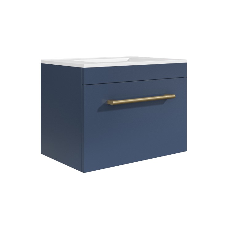 600mm Blue Wall Hung Vanity Unit with Basin and Brass Handle - Ashford