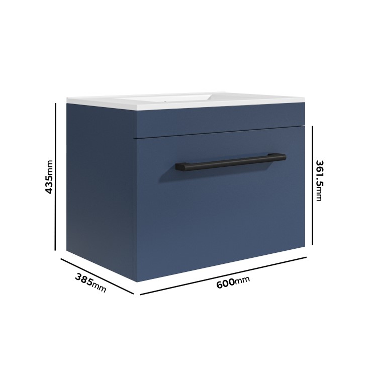 600mm Blue Wall Hung Vanity Unit with Basin and Black Handle - Ashford