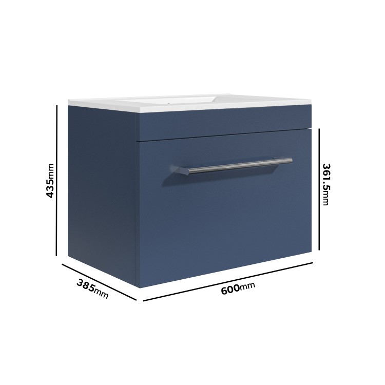 600mm Blue Wall Hung Vanity Unit with Basin and Chrome Handle - Ashford