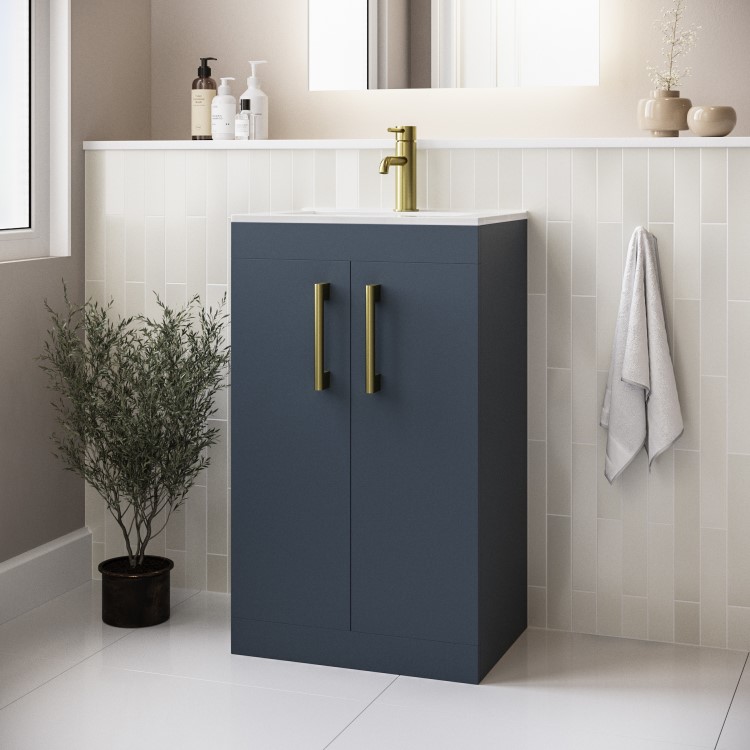 500mm Blue Freestanding Vanity Unit with Basin and Brass Handle - Ashford