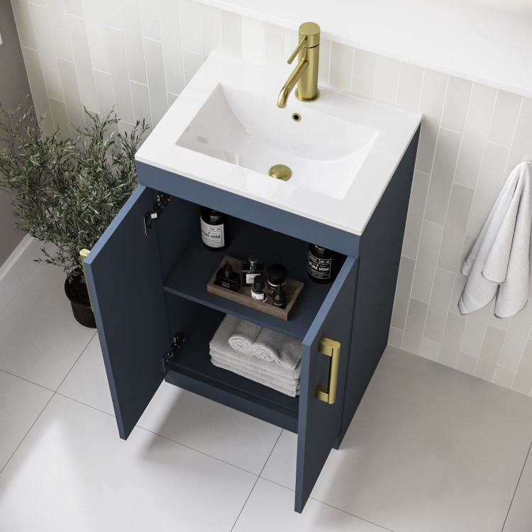 500mm Blue Freestanding Vanity Unit with Basin and Brass Handle - Ashford