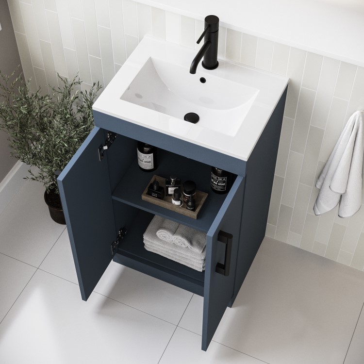 600mm Blue Freestanding Vanity Unit with Basin and Black Handle - Ashford