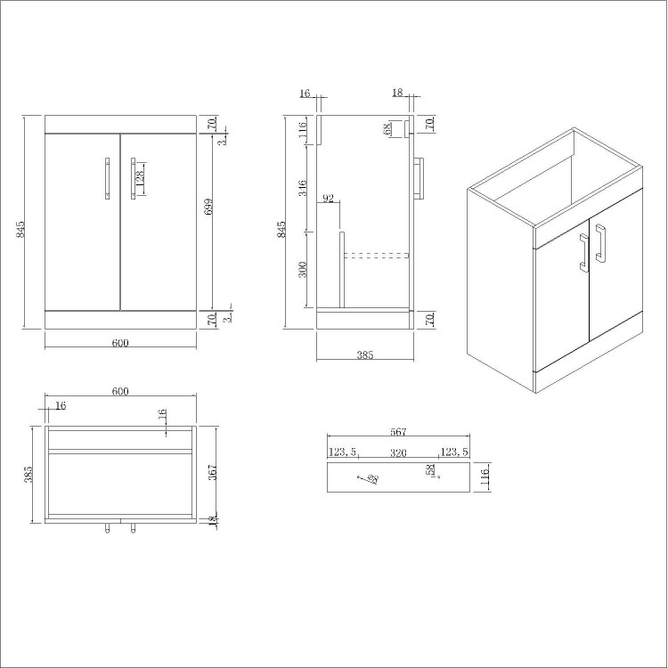 600 mm White Freestanding Vanity Unit with Basin and Brass Handle - Ashford