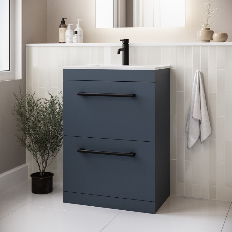 600mm Blue Freestanding Vanity Unit with Basin and Black Handle - Ashford