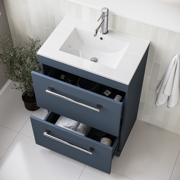 600mm Blue Freestanding Vanity Unit with Basin and Chrome Handle - Ashford