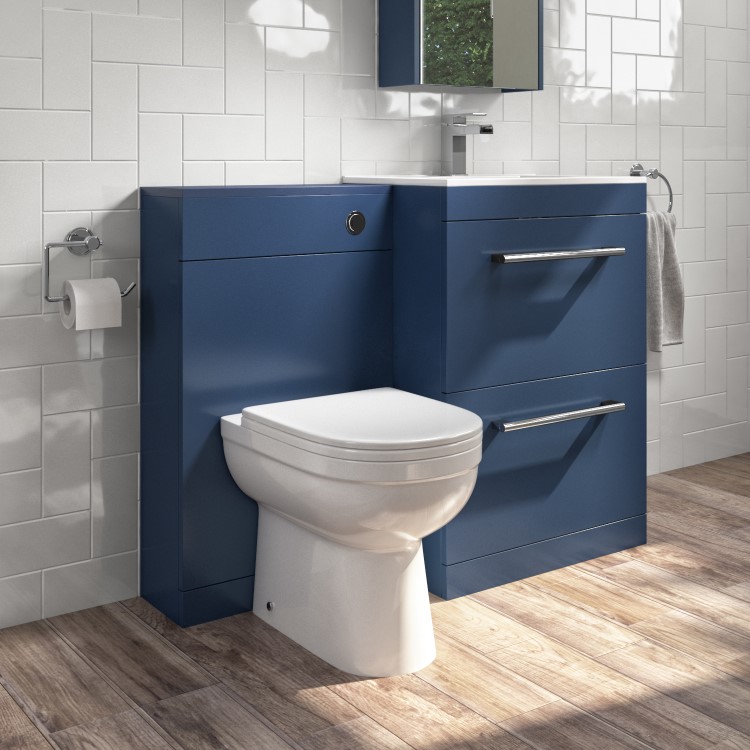 1100mm Blue Toilet and Sink Unit with Drawers, Round Toilet and Chrome Fittings - Ashford