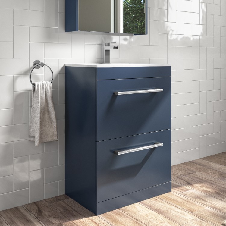 1100mm Blue Toilet and Sink Unit with Drawers, Round Toilet and Chrome Fittings - Ashford