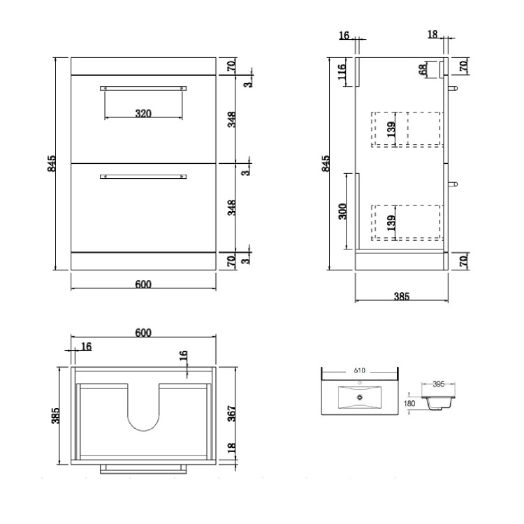 600mm Grey Freestanding  Drawer Vanity Unit with Basin and Chrome Handles - Ashford