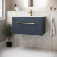 800mm Blue Wall Hung Vanity Unit with Basin and Brass Handle - Ashford